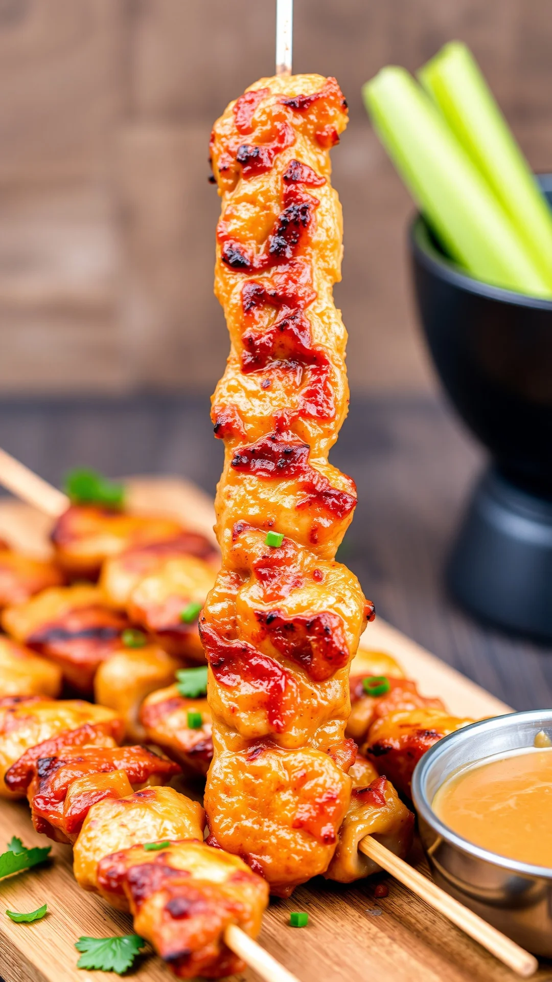 Grilled chicken satay skewers with peanut sauce, golden color, charred marks, served on wooden board, appetizing food photogr