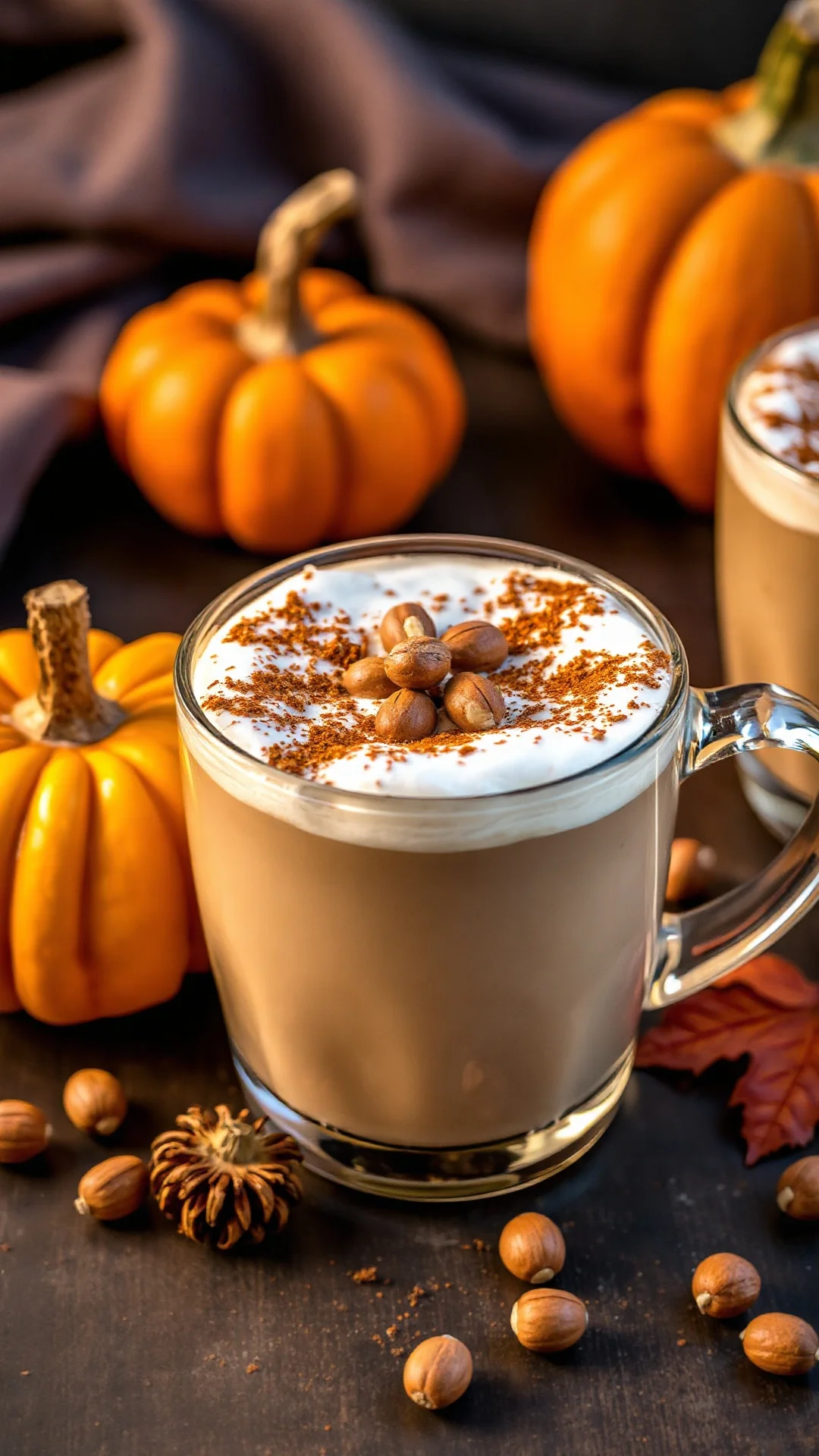 Hazelnut pumpkin spice latte with hazelnut powder garnish, creamy texture, coffee beverage, autumn drink, detailed shot, gold