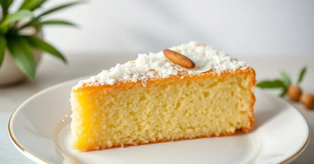 Homemade Asian sponge cake slice on white porcelain plate, topped with coconut shreds and cardamom, soft natural lighting, fo