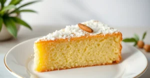 Homemade Asian sponge cake slice on white porcelain plate, topped with coconut shreds and cardamom, soft natural lighting, fo