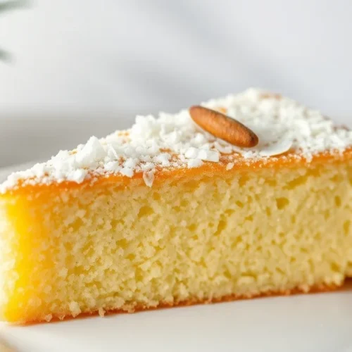 Homemade Asian sponge cake slice on white porcelain plate, topped with coconut shreds and cardamom, soft natural lighting, fo