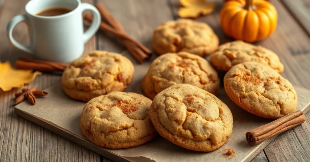 Homemade pumpkin spice latte cookies golden brown on wooden table, autumn decorations, cinnamon sticks, pumpkin spice dust