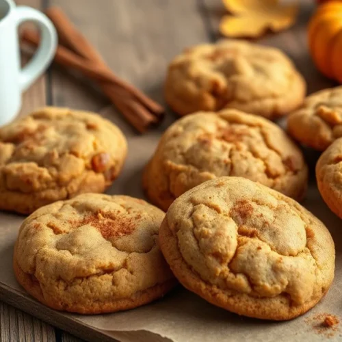 Homemade pumpkin spice latte cookies golden brown on wooden table, autumn decorations, cinnamon sticks, pumpkin spice dust