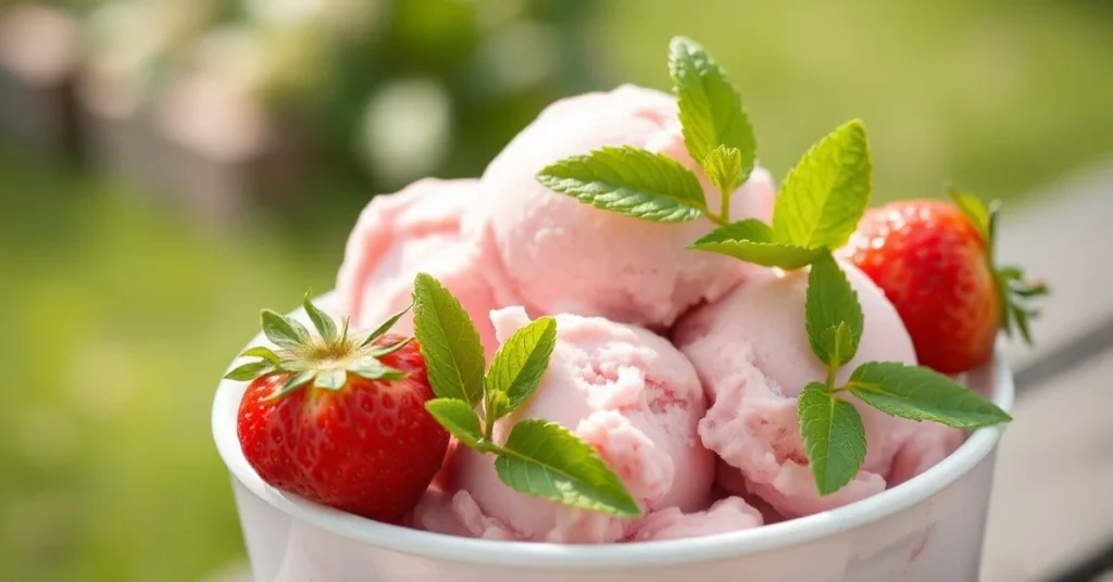 Homemade strawberry ice cream in a bowl, topped with fresh strawberries and mint leaves, creamy pink color, outdoor summer se