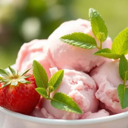 Homemade strawberry ice cream in a bowl, topped with fresh strawberries and mint leaves, creamy pink color, outdoor summer se