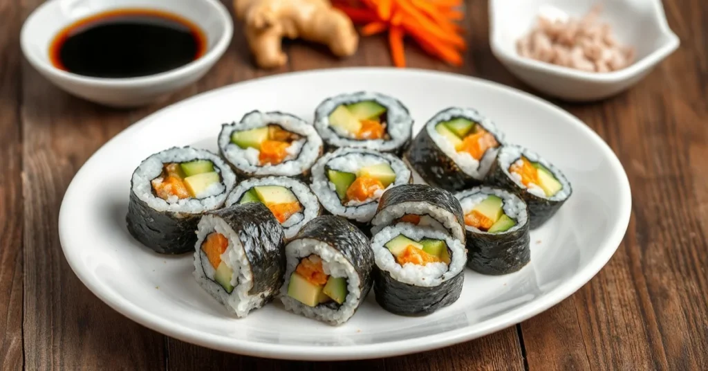 Homemade sushi rolls without avocado arranged on white ceramic plate, fresh cucumber carrot strips visible, nori seaweed, ser
