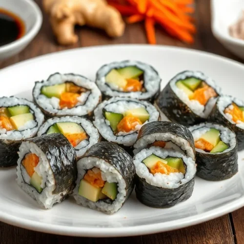 Homemade sushi rolls without avocado arranged on white ceramic plate, fresh cucumber carrot strips visible, nori seaweed, ser
