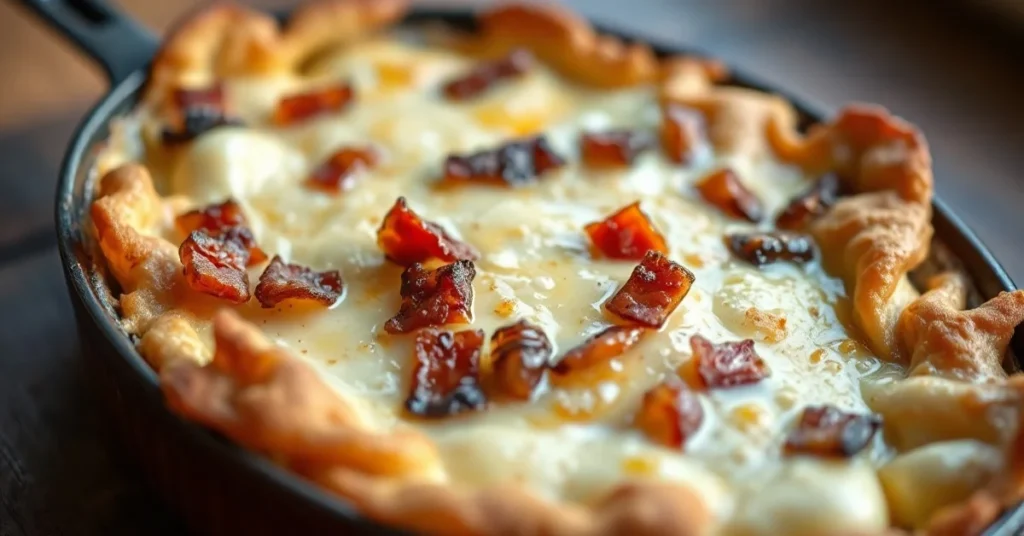 Homemade tartiflette savoyarde gratin with melted reblochon cheese, golden crust, crispy bacon, caramelized onions, alpine mo