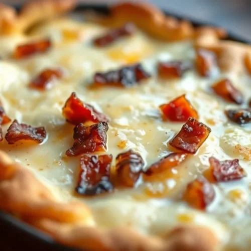 Homemade tartiflette savoyarde gratin with melted reblochon cheese, golden crust, crispy bacon, caramelized onions, alpine mo