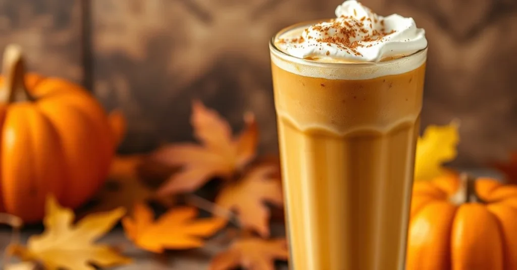 Iced pumpkin spice latte in a tall glass with whipped cream, cinnamon sprinkle, autumn background, professional food photogra