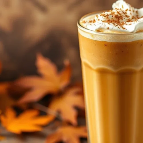 Iced pumpkin spice latte in a tall glass with whipped cream, cinnamon sprinkle, autumn background, professional food photogra