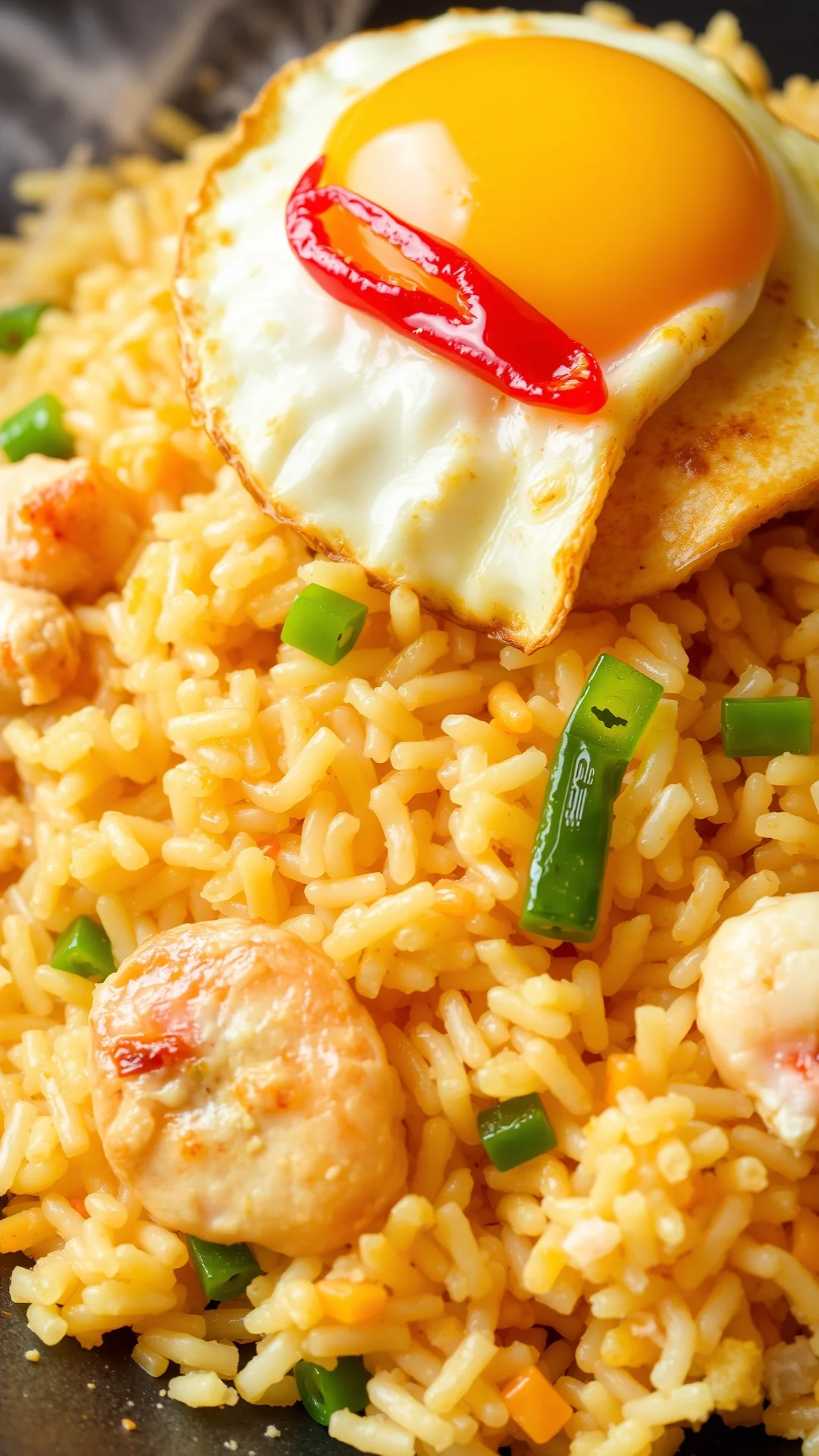 Indonesian nasi goreng fried rice with chicken, shrimp, fried egg on top, chili garnish, wok-cooked, professional close-up, a