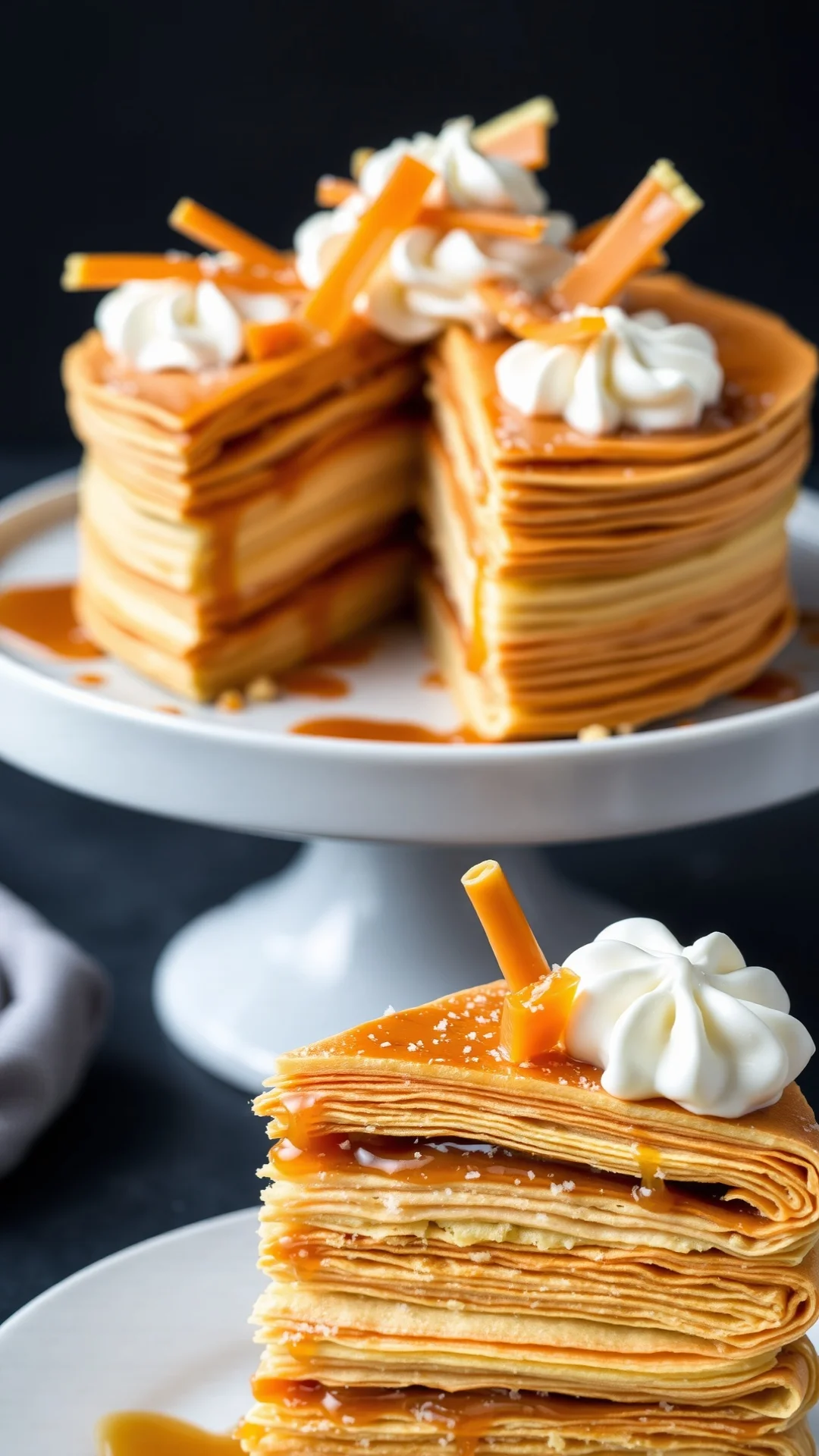 Indulgent salted caramel crepe cake with caramel shards, whipped cream, fleur de sel garnish, rich gourmand dessert portrait