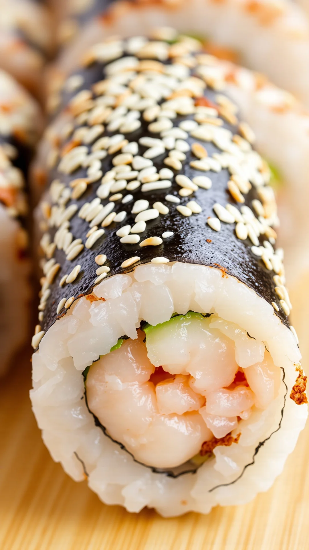 Inside-out shrimp sushi roll showcasing white sesame seeds exterior, cooked shrimp visible inside, avocado, detailed macro vi