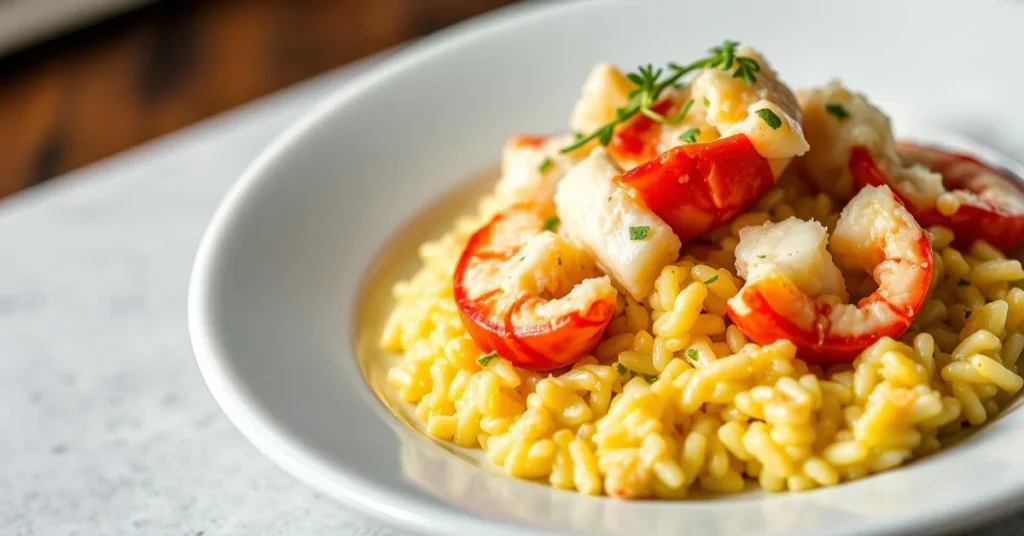 Luxurious creamy lobster risotto, saffron-infused arborio rice, fresh lobster meat, garnished with fresh tarragon and parmesa