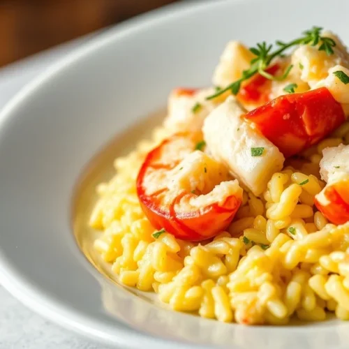Luxurious creamy lobster risotto, saffron-infused arborio rice, fresh lobster meat, garnished with fresh tarragon and parmesa