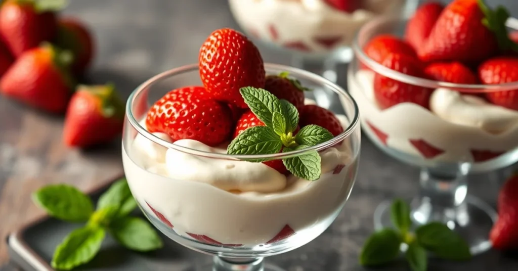 Luxurious creamy mascarpone strawberries dessert in elegant glass bowls, fresh red strawberries, whipped mascarpone cream, ga