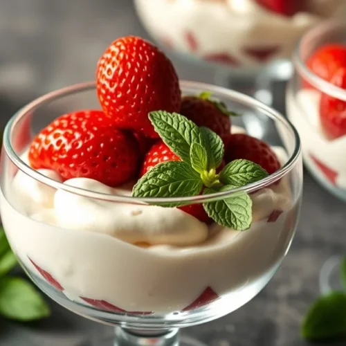 Luxurious creamy mascarpone strawberries dessert in elegant glass bowls, fresh red strawberries, whipped mascarpone cream, ga