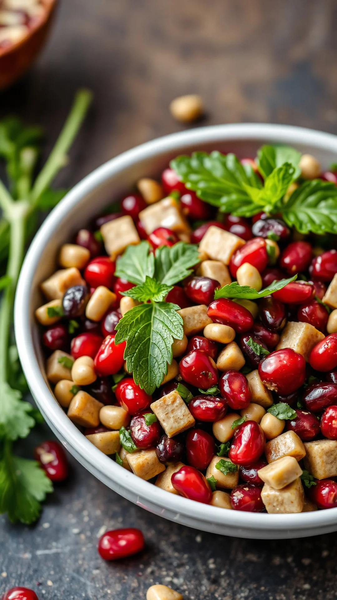 Luxurious pomegranate pistachio tabbouleh with fresh herbs, beautiful red seeds, gourmet salad presentation