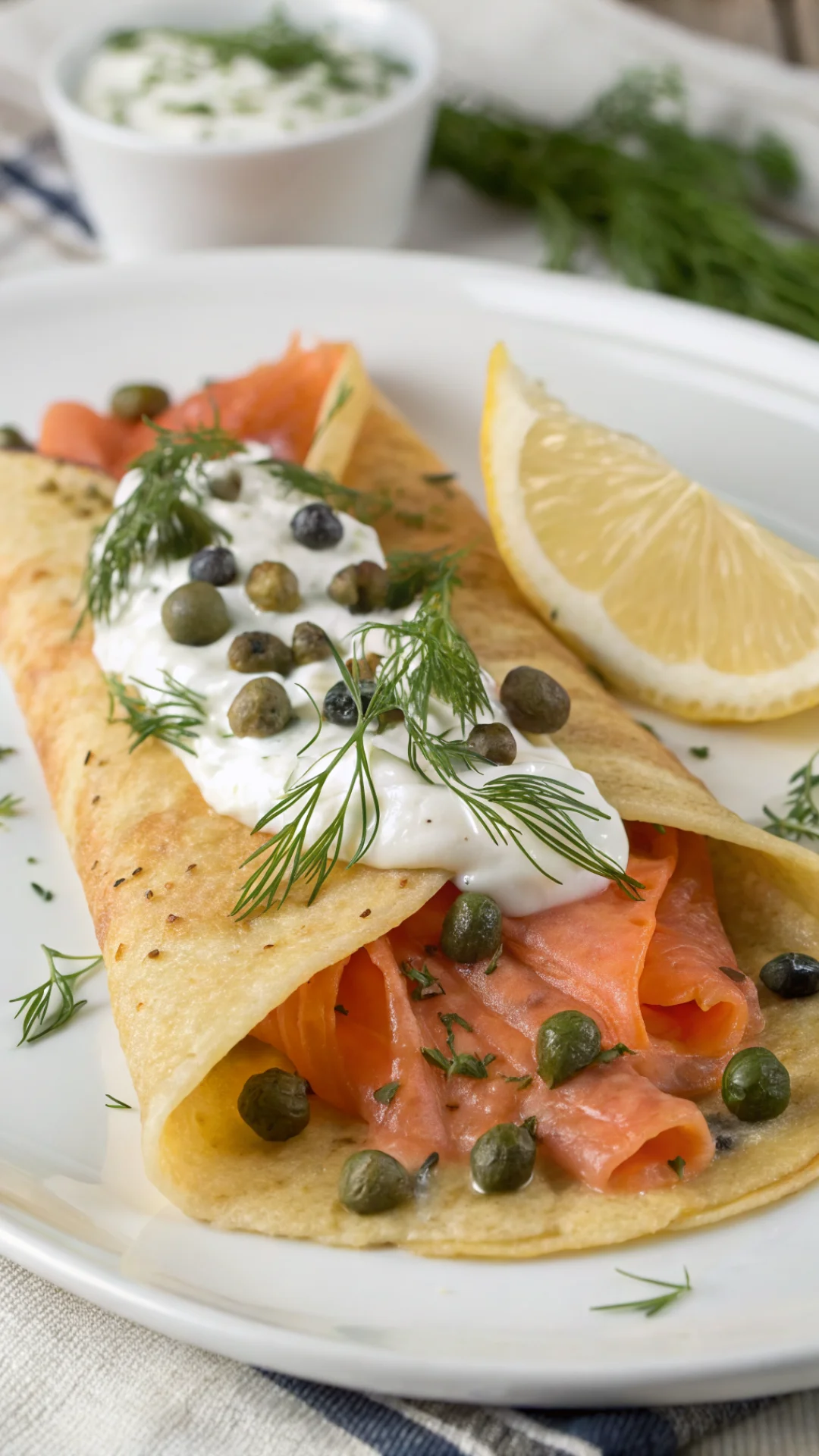 Luxurious smoked salmon crepe with silky dill cream sauce, capers scattered on top, lemon wedge, fresh dill herb, gourmet pre