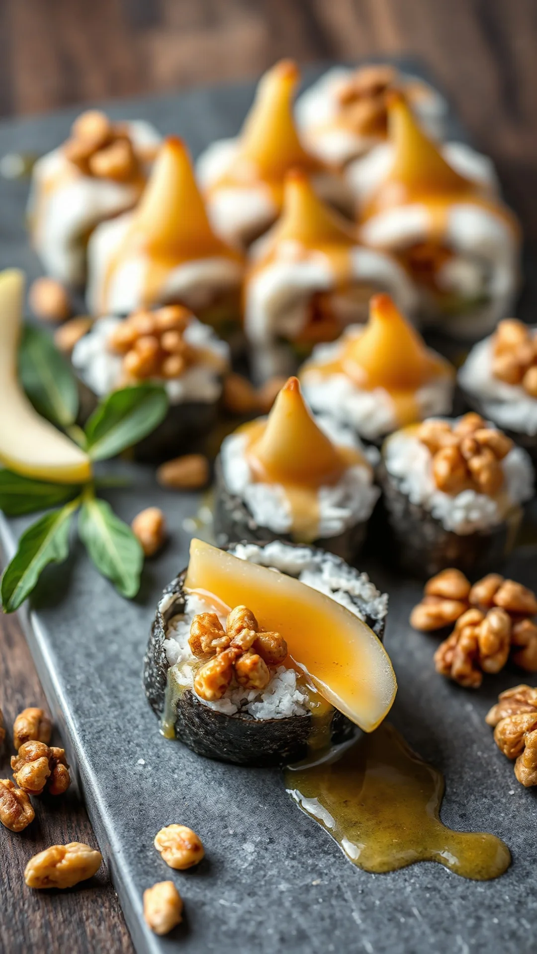 Luxury cheese truffle sushi with philadelphia brie melted honey drizzle walnuts pear slices gourmet presentation