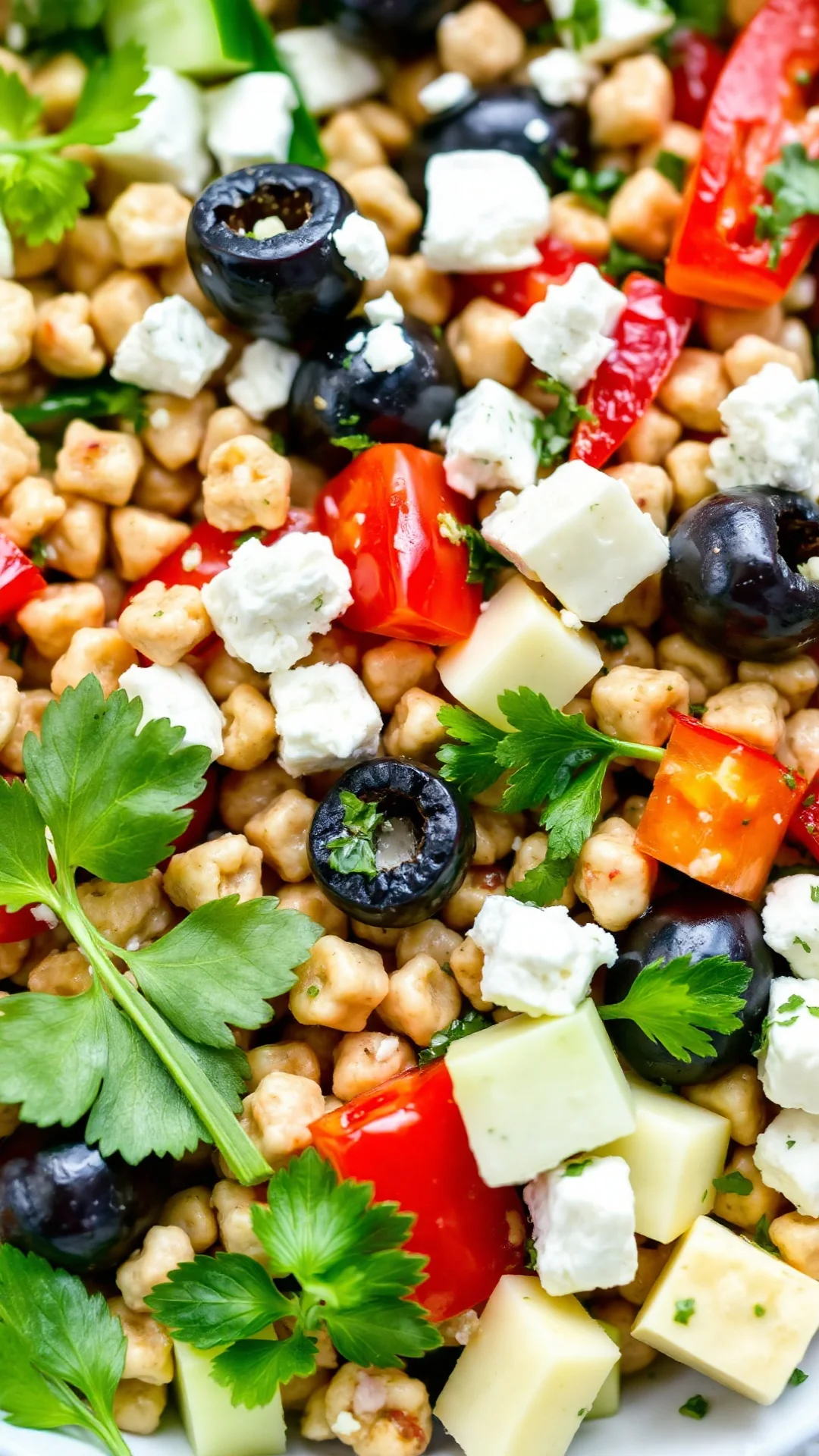 Mediterranean tabbouleh with black olives, crumbled feta cheese, red peppers, cucumber, and fresh herbs bowl