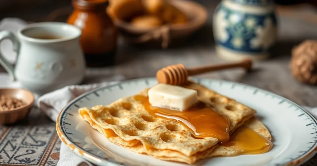 Moroccan baghrir mille trous crepes with holes, honey and butter, warm traditional breakfast, artisanal food photography