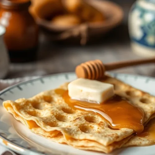 Moroccan baghrir mille trous crepes with holes, honey and butter, warm traditional breakfast, artisanal food photography