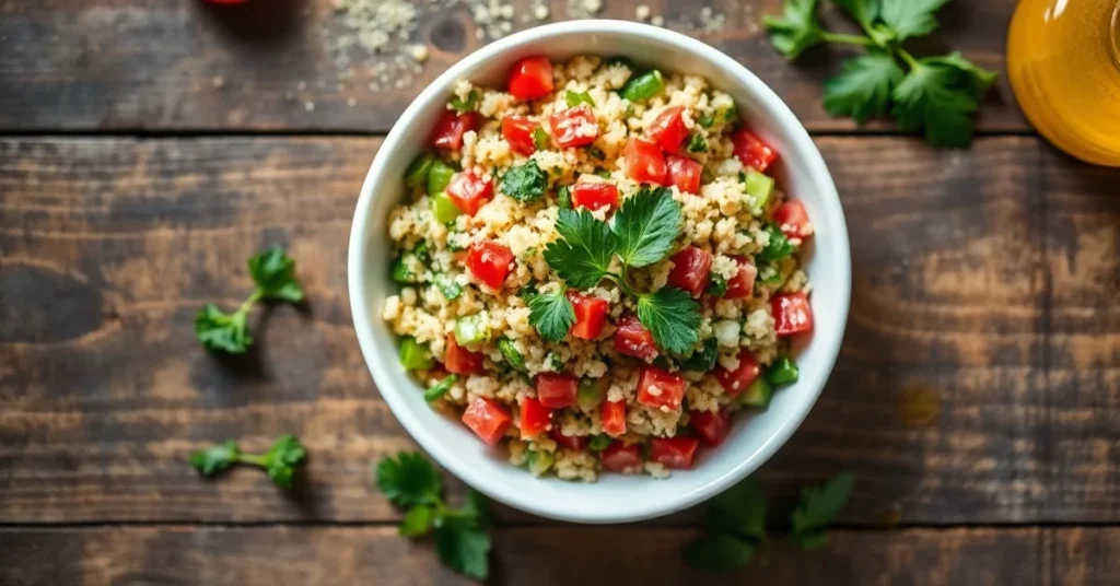 Overhead flat lay of fresh homemade tabbouleh salad in white bowl, garnished with parsley and mint, golden olive oil drizzle