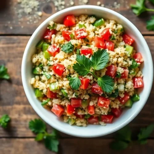 Overhead flat lay of fresh homemade tabbouleh salad in white bowl, garnished with parsley and mint, golden olive oil drizzle