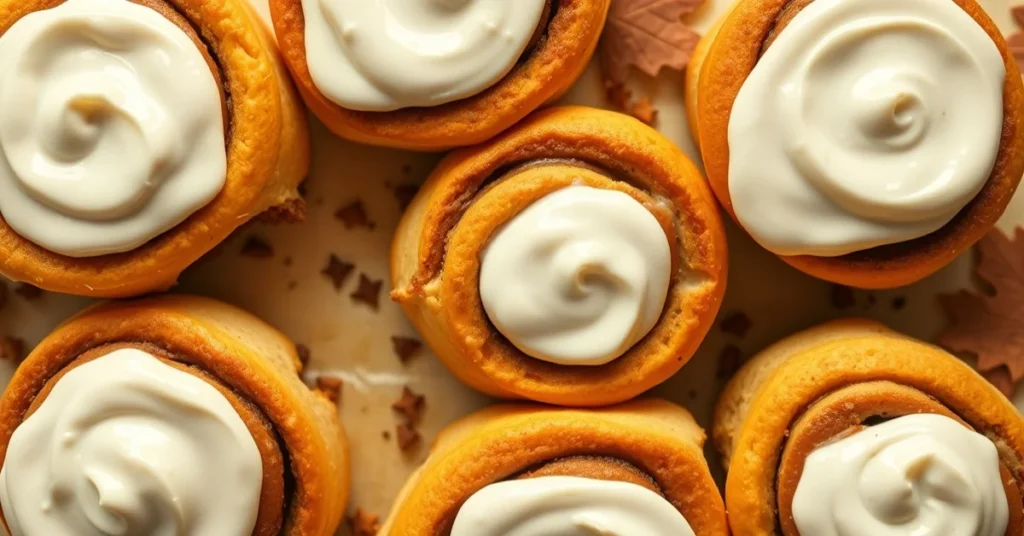 Overhead flat lay of golden homemade cinnamon rolls with white cream cheese frosting, pumpkin spice arrangement, autumn bakin