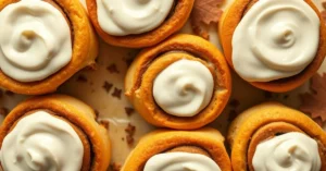 Overhead flat lay of golden homemade cinnamon rolls with white cream cheese frosting, pumpkin spice arrangement, autumn bakin