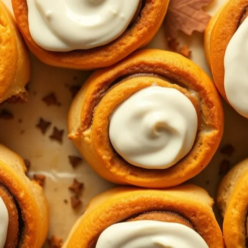 Overhead flat lay of golden homemade cinnamon rolls with white cream cheese frosting, pumpkin spice arrangement, autumn bakin