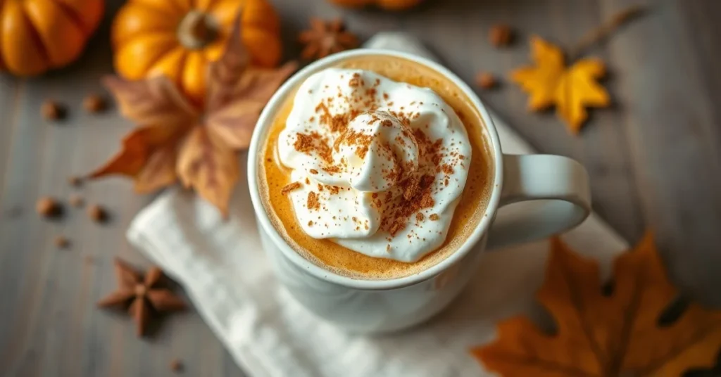 Overhead shot of a beautiful vegan pumpkin spice latte in a ceramic mug topped with vegan whipped cream and cinnamon sprinkle