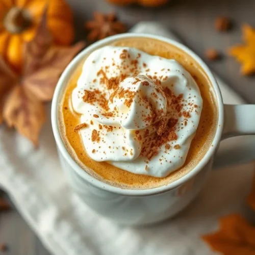 Overhead shot of a beautiful vegan pumpkin spice latte in a ceramic mug topped with vegan whipped cream and cinnamon sprinkle