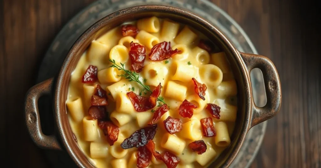 Overhead shot of croziflette bubbling with melted reblochon cheese, crispy bacon, and golden crozet pasta in rustic ceramic g