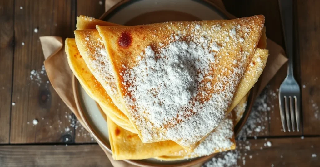 Overhead shot of golden Breton crepes stacked on rustic wooden table, dusted with powdered sugar, traditional French Brittany