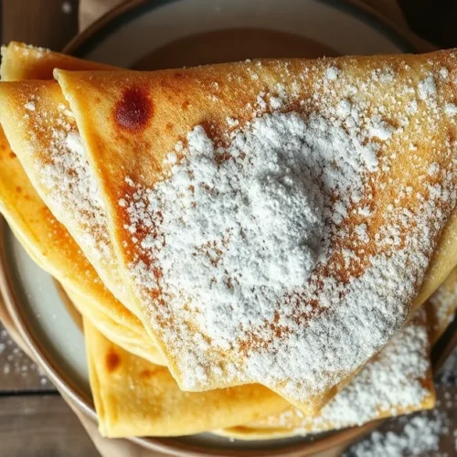 Overhead shot of golden Breton crepes stacked on rustic wooden table, dusted with powdered sugar, traditional French Brittany