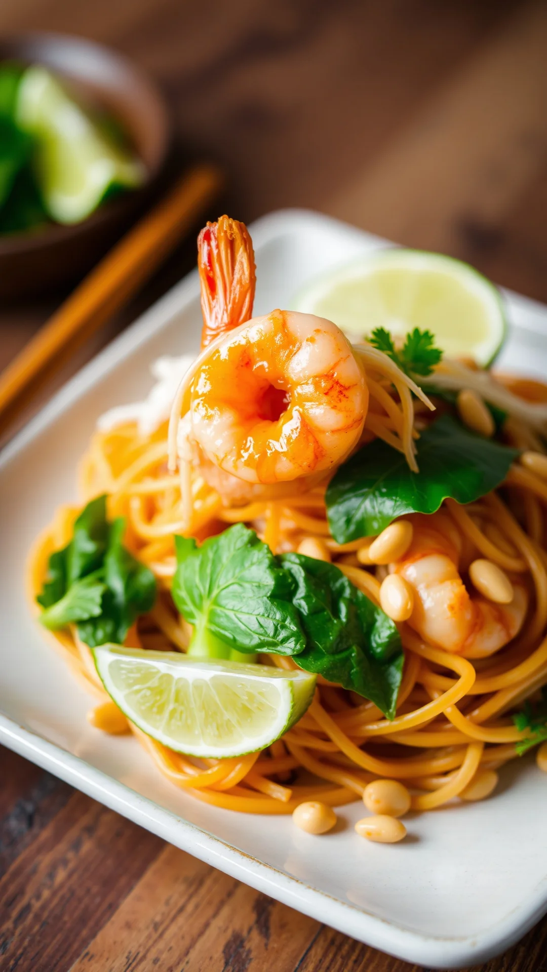 Pad Thai with shrimp, bean sprouts, peanuts, lime wedge, vibrant noodles, professional plating, appetizing food presentation,