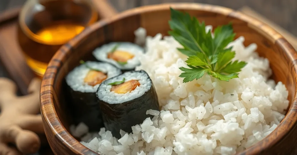 Perfect Japanese sushi rice in wooden bowl with fresh ginger, vinegar bottle, close-up food photography professional quality