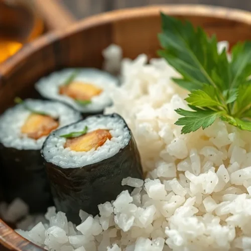 Perfect Japanese sushi rice in wooden bowl with fresh ginger, vinegar bottle, close-up food photography professional quality