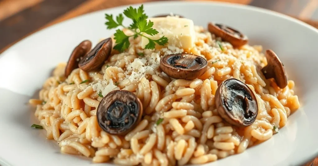 Professional food photography of creamy mushroom risotto with fresh chanterelle mushrooms, melting butter, grated parmesan ch