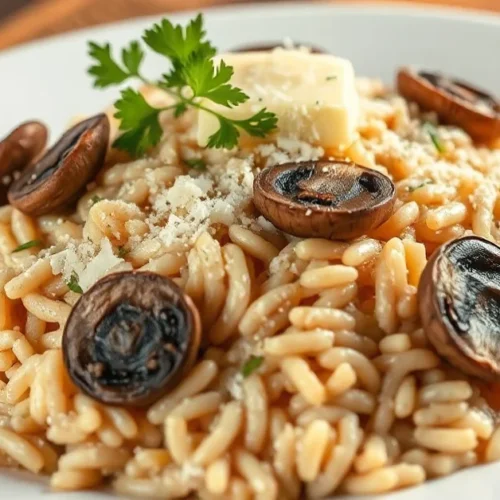 Professional food photography of creamy mushroom risotto with fresh chanterelle mushrooms, melting butter, grated parmesan ch
