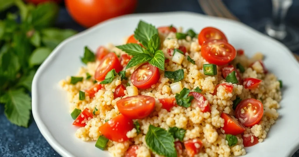 Professional food photography of fresh vibrant tabbouleh salad with parsley mint couscous tomatoes lemon dressing Mediterrane