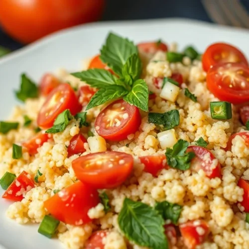 Professional food photography of fresh vibrant tabbouleh salad with parsley mint couscous tomatoes lemon dressing Mediterrane