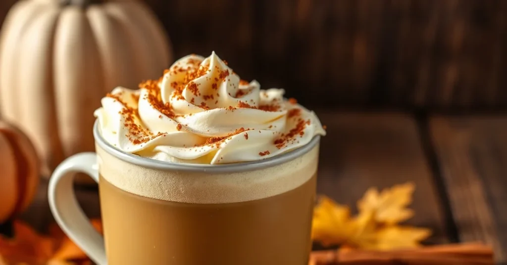 Professional food photography of Pumpkin Spice Latte in ceramic mug with whipped cream topping, cinnamon sprinkle, autumn bac