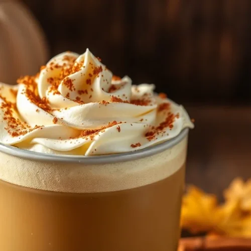 Professional food photography of Pumpkin Spice Latte in ceramic mug with whipped cream topping, cinnamon sprinkle, autumn bac
