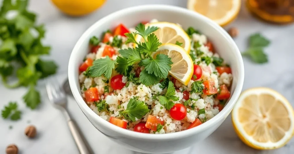Professional food photography of vibrant fresh tabbouleh salad in a white ceramic bowl, topped with fresh parsley and mint, b