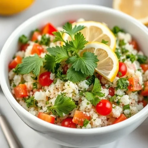 Professional food photography of vibrant fresh tabbouleh salad in a white ceramic bowl, topped with fresh parsley and mint, b