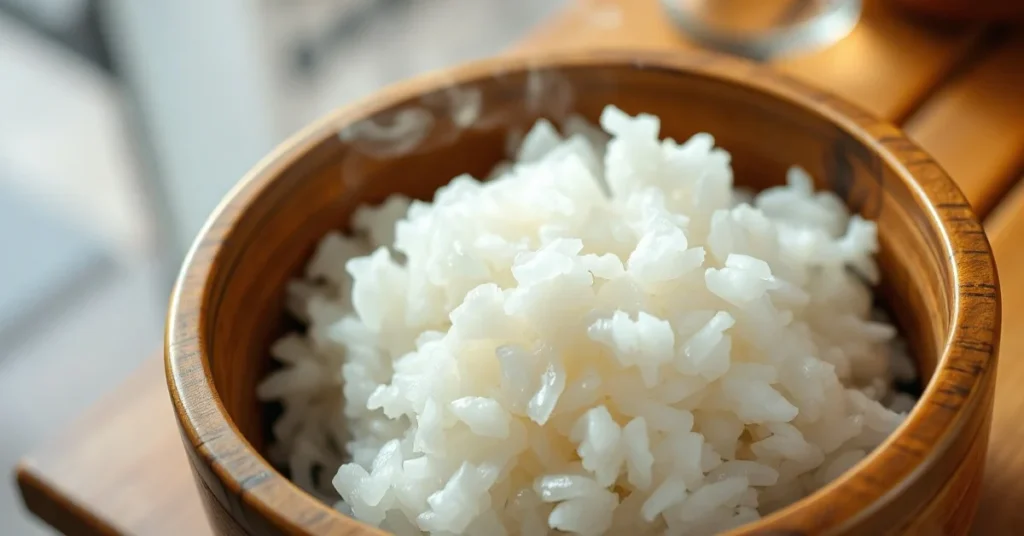Professional Japanese sushi rice in wooden hangiri bowl, perfectly seasoned with glossy finish, steam rising, traditional set